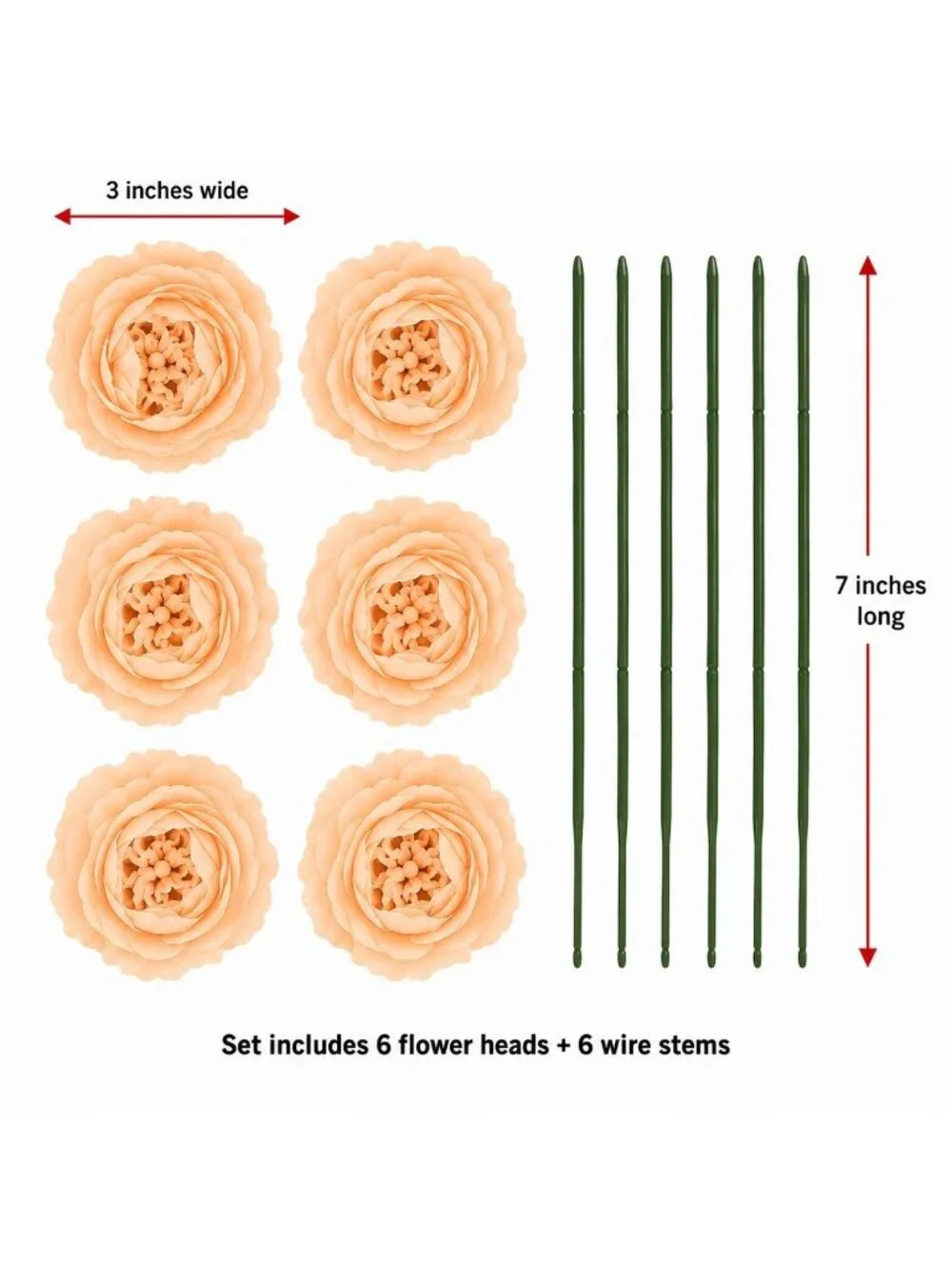 Creamy Peach Artificial Peony Ranunculus Flowers Set of 6 with 7 Inch Wire Stems
